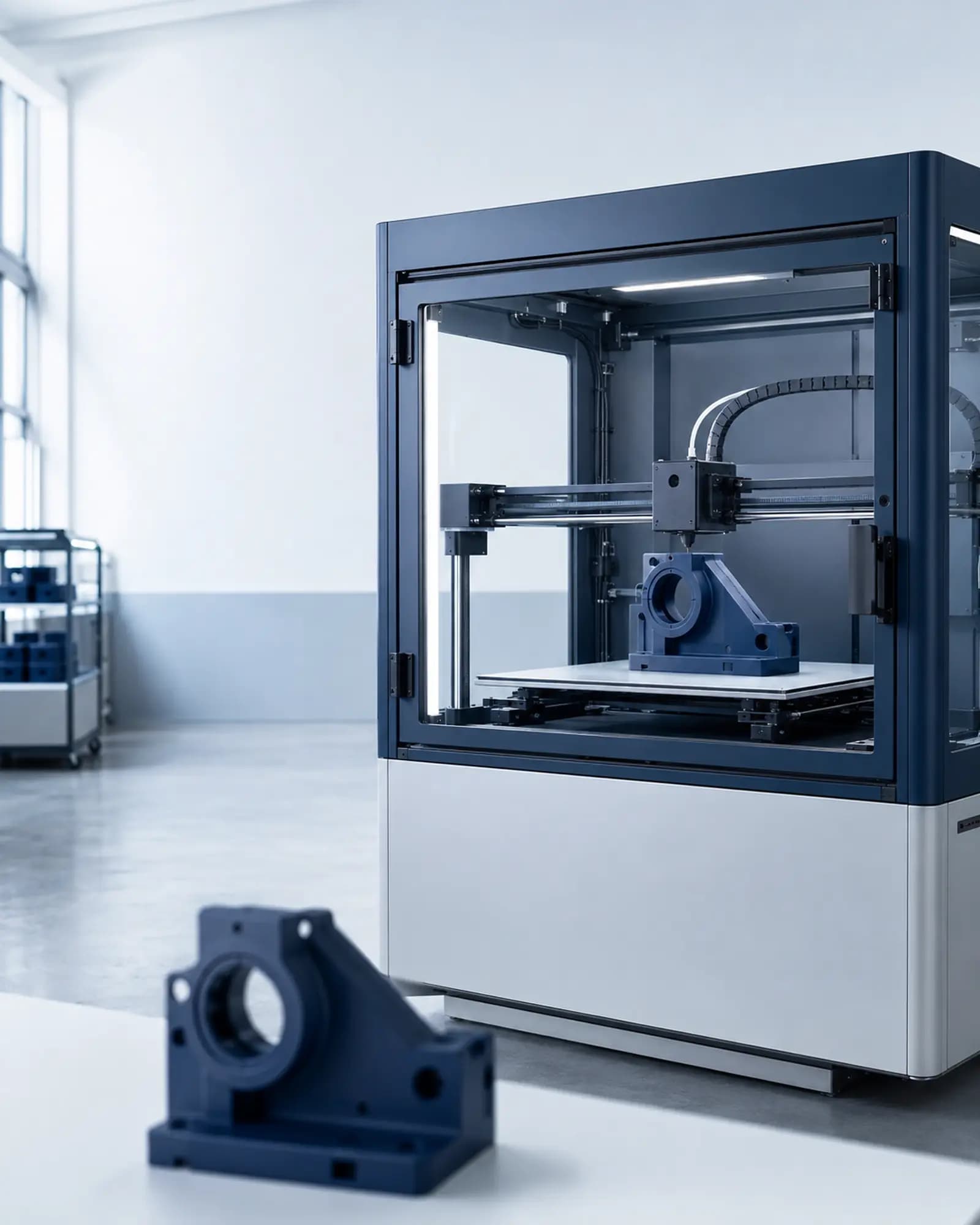 En 3D-printet modulær skriveborsorganizer med penneholdere og telefonstativ, hvor printets laglinjer er synlige