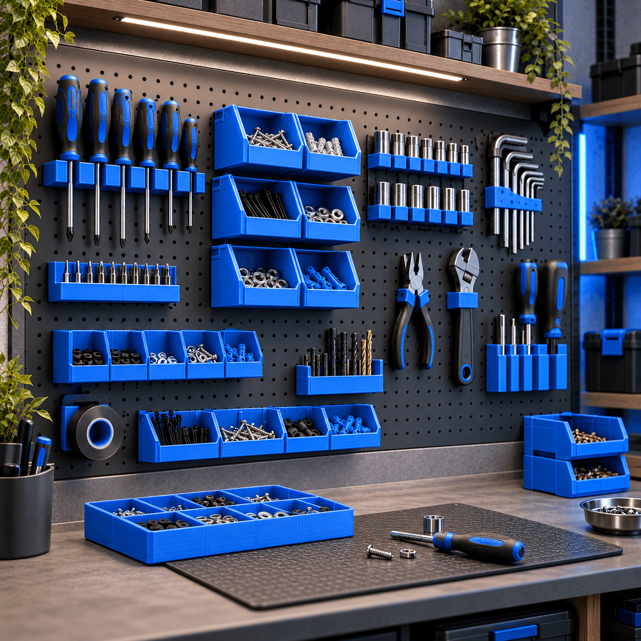 Blue 3D-printed tool racks and storage bins in a workshop.