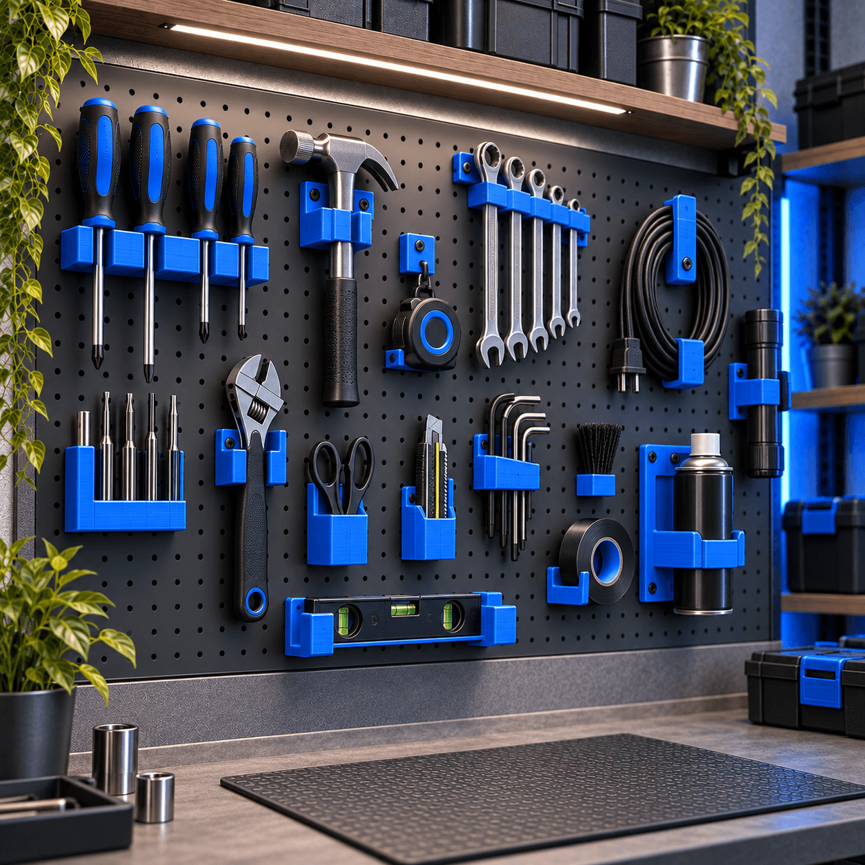 Blue 3D-printed holders and mounts with tools on a workshop wall.