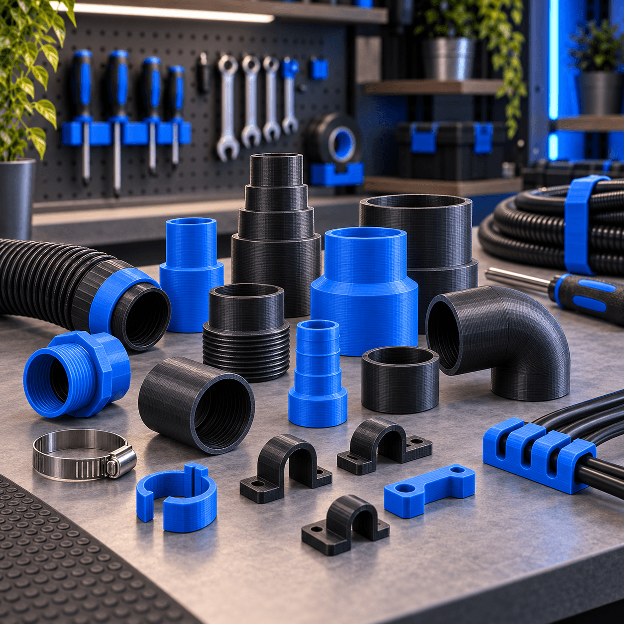 Blue and black 3D-printed hose adapters and workshop accessories.