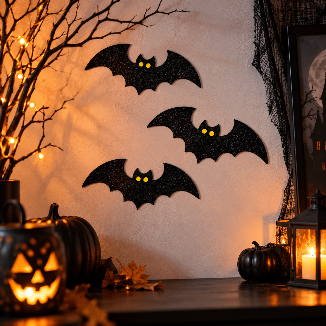 Halloween pynt sæt med 6 sorte flagermus, 3 hvide spøgelser, et lysende spøgelse og et sort edderkoppespind på en lys baggrund