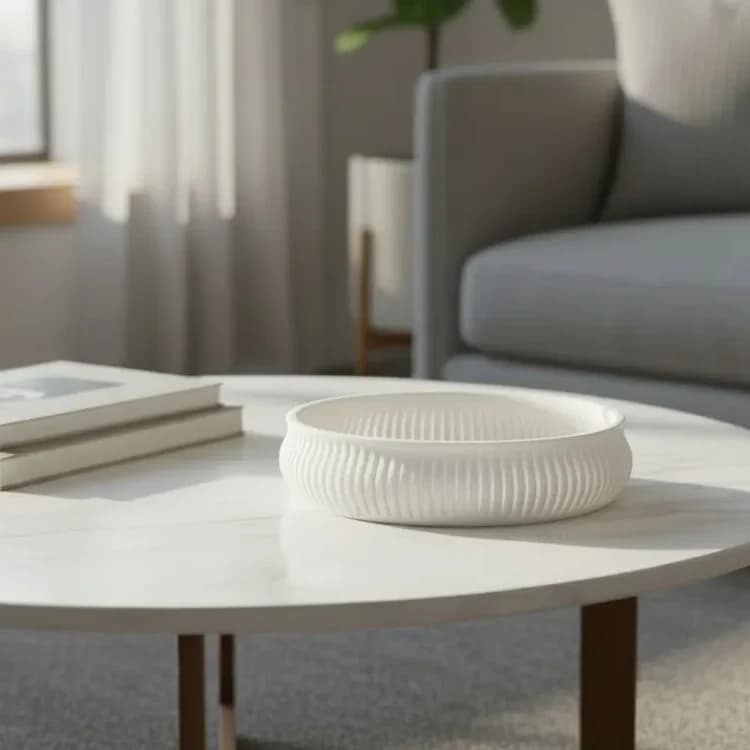 Lav, rund hvid 3D-printet skål med riller på et sofabord i marmorlook