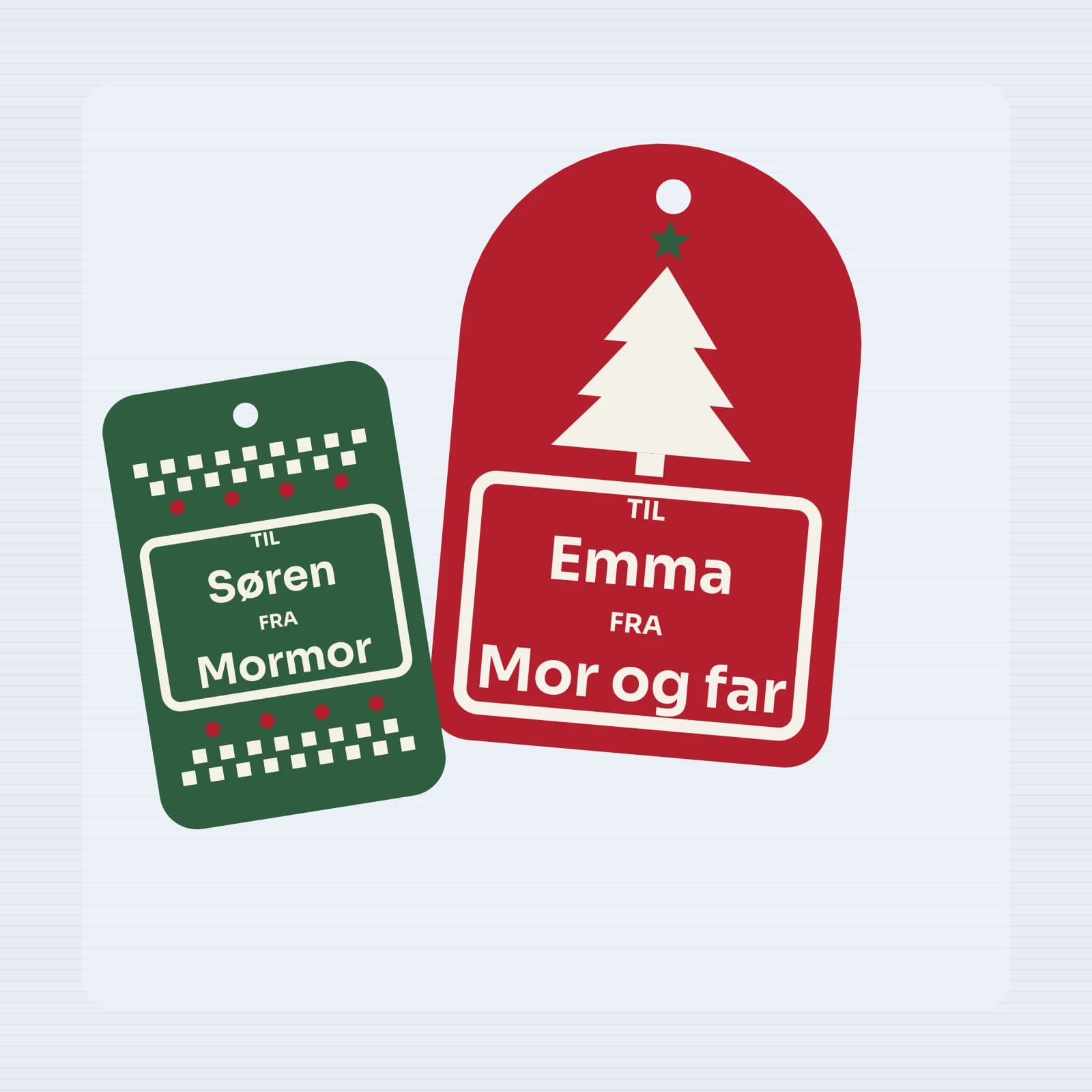 3D-printede til-og-fra-kort til jul med hævede navne i rød, grøn og hvid
