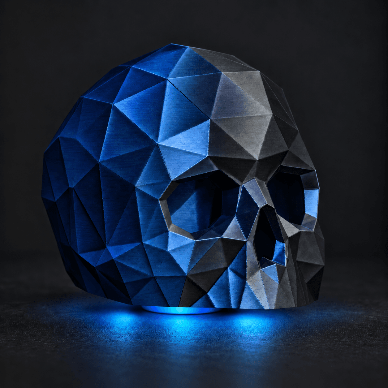 SOULFIRE ABYSS sort og blå 3D-printet RGB kranielampe med underlys