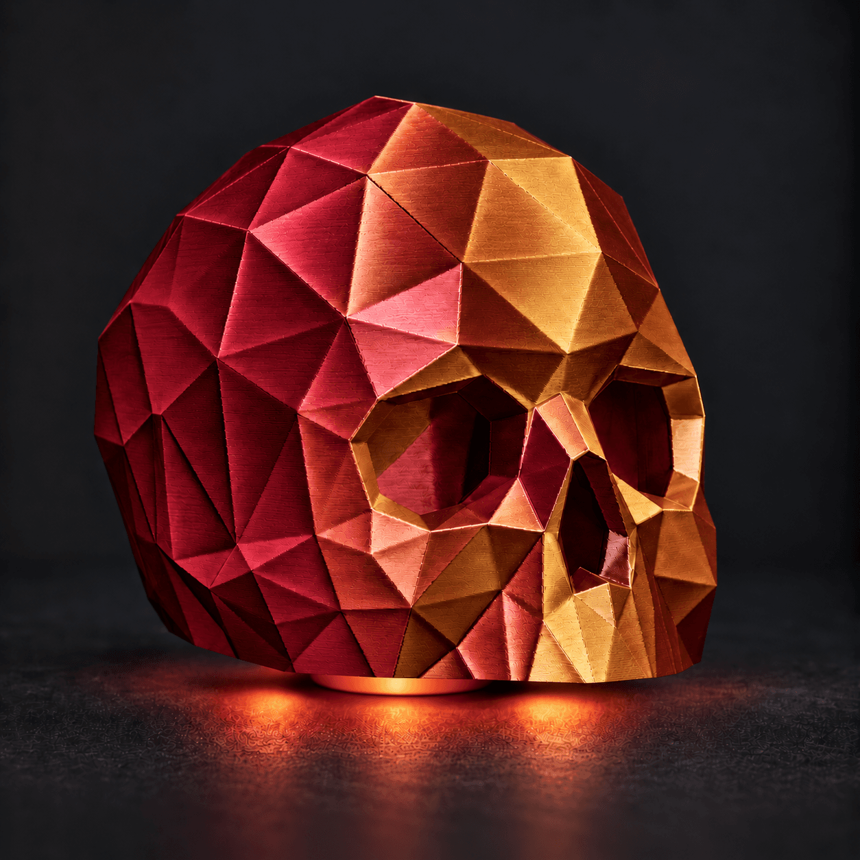 SOULFIRE INFERNO rød og guld 3D-printet RGB-kranielampe med silkefinish og underlys