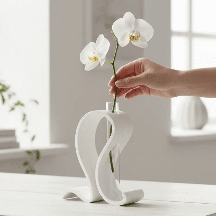 Hvid bølget reagensglas vase med en hvid orkidé i klart glas på et hvidt bord