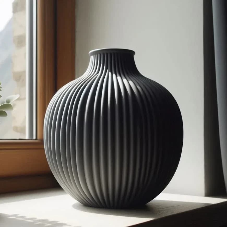 Sort rillet vase i mat PLA, rund med smal hals, i en lys vindueskarm ved en vinduesramme i træ