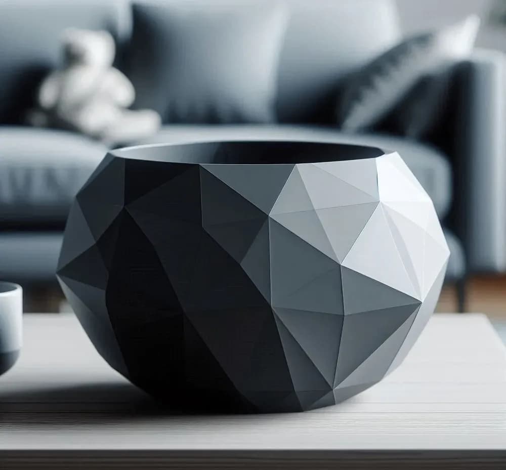 Grå low poly skål, hvis facetter går fra mørk til lysegrå i lyset, på et sofabord af lyst træ
