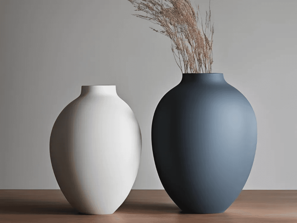 Hvid oval vase og en større mørk vase med tørret græs på et træbord