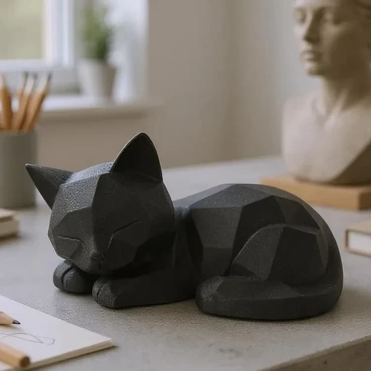 Sovende kat figur i sort low poly – killing med lukkede øjne på et gråt skrivebord med blyanter