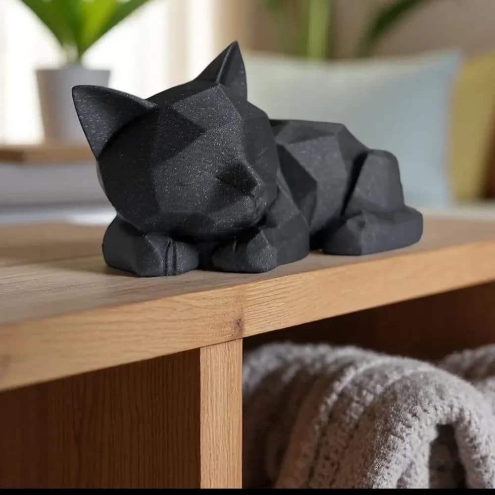 Sort low poly killing sover sammenrullet på kanten af en lys egetræshylde over et gråt strikket tæppe