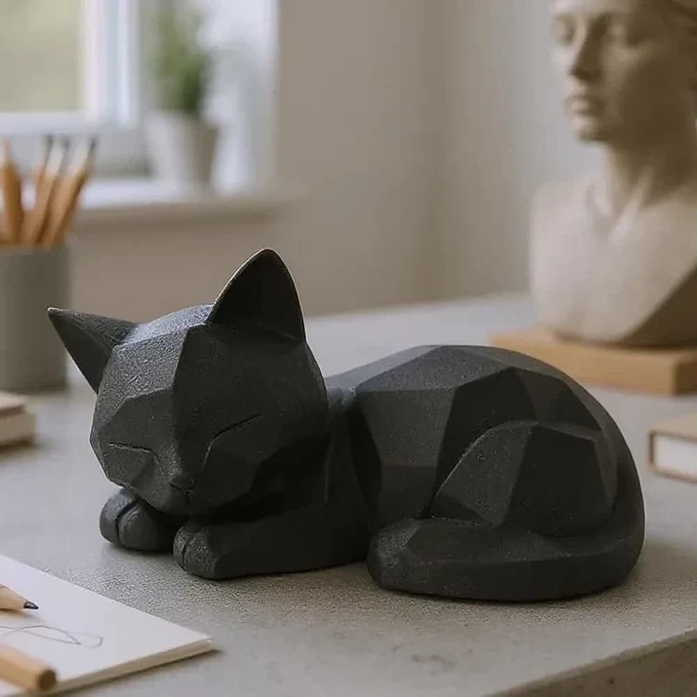 Sovende kat figur i sort low poly – killing med lukkede øjne på et gråt skrivebord med blyanter