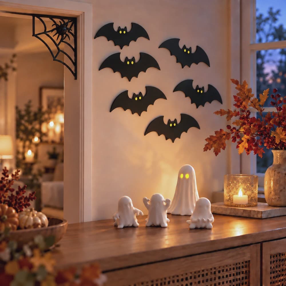 Halloween pynt i en stue: flagermus på væggen, edderkoppespind i dørkarmen og spøgelser på en skænk i aftenlys