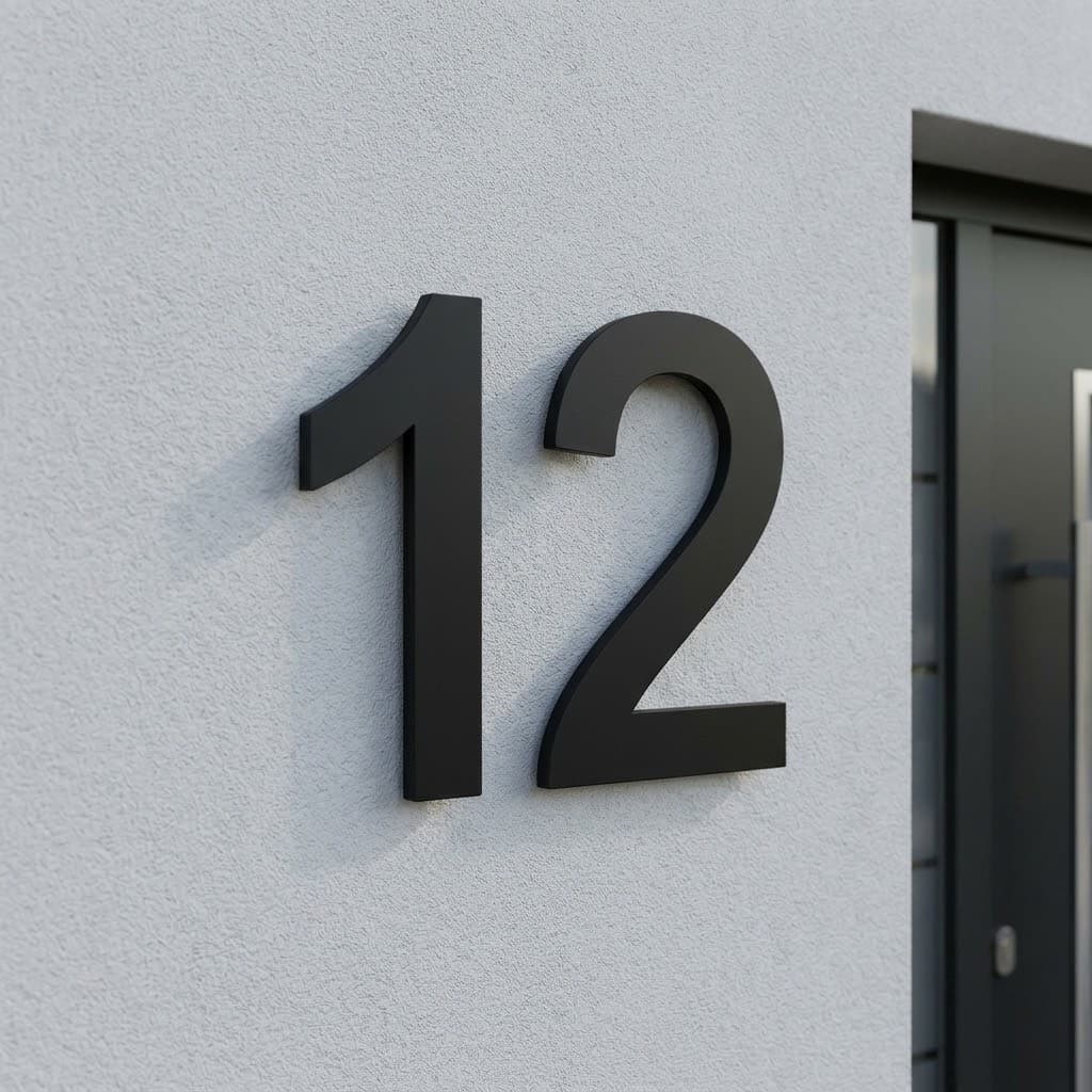Svævende husnummer 12 i mat sort på en lys pudset mur ved en hovedør (illustration)