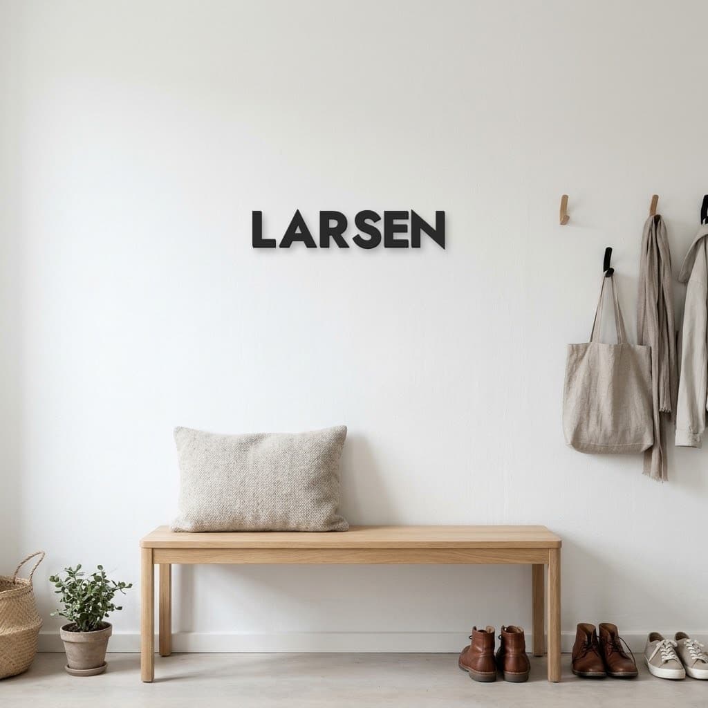 Efternavnet LARSEN i sorte 3D-bogstaver på en hvid væg over en bænk i entréen (illustration)