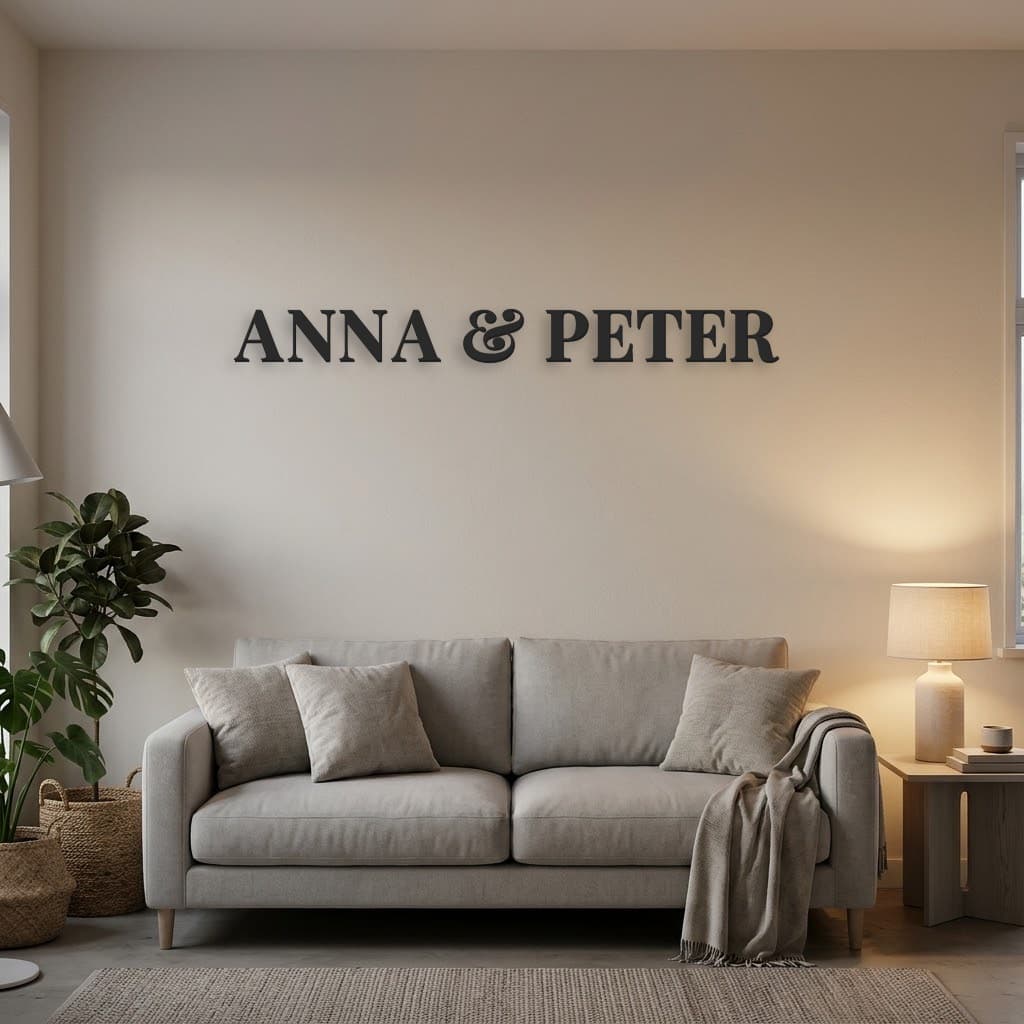 ANNA & PETER i sorte 3D-bogstaver i skriften Playfair Display over en sofa i stuen (illustration)