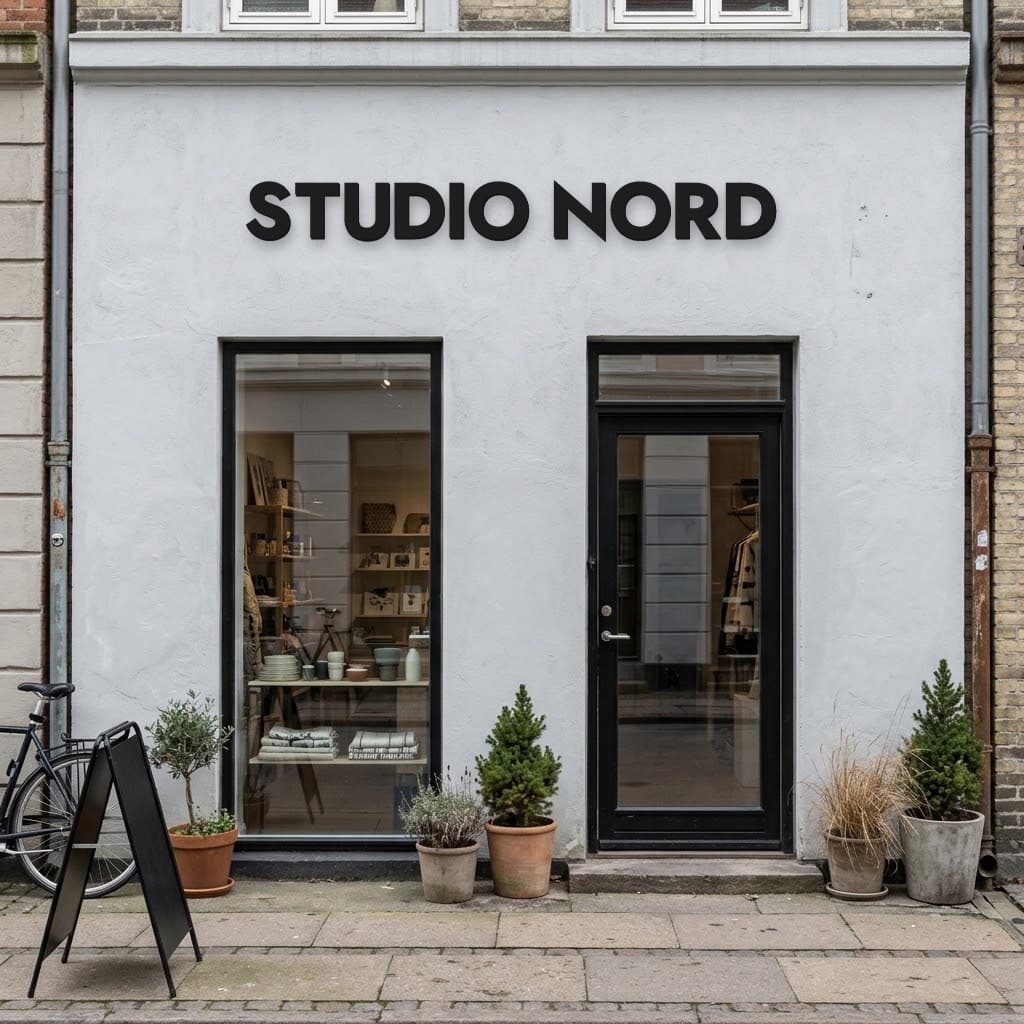 Firmanavnet STUDIO NORD i sorte 3D-bogstaver på en lys facade over butikkens dør (illustration)