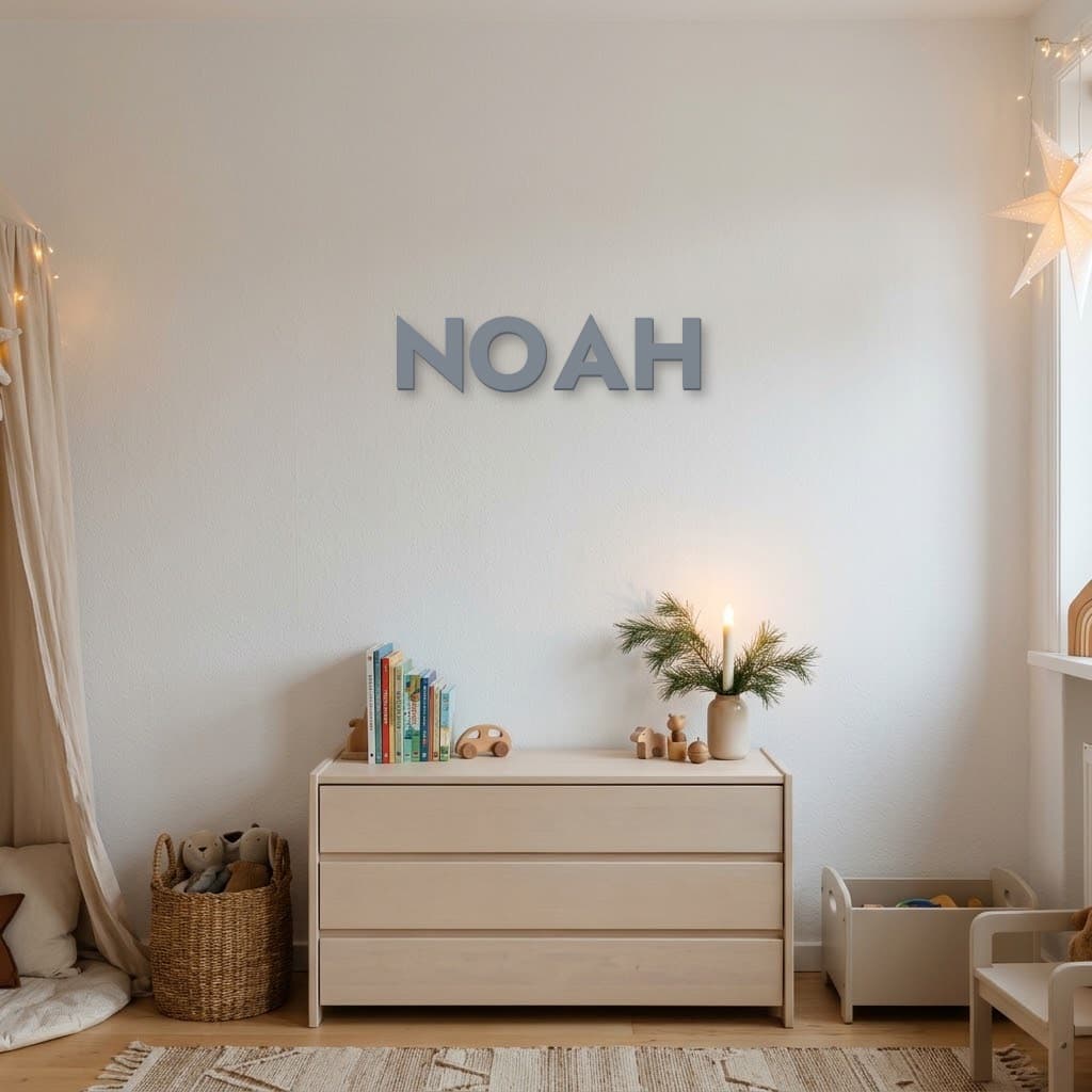 Navnet NOAH i askegrå 3D-bogstaver over en kommode i et børneværelse med julepynt (illustration)