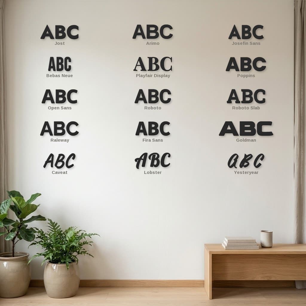 ABC i alle 15 skrifttyper på en væg med navnet under hver: Jost, Arimo, Josefin Sans, Bebas Neue, Playfair Display, Poppins, Open Sans, Roboto, Roboto Slab, Raleway, Fira Sans, Goldman, Caveat, Lobster og Yesteryear (illustration)