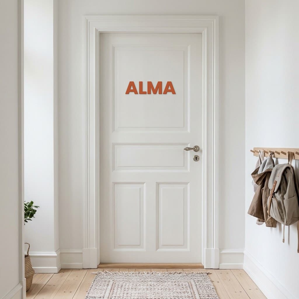Navnet ALMA i terrakotta sat fladt på en hvid dør til et børneværelse (illustration)